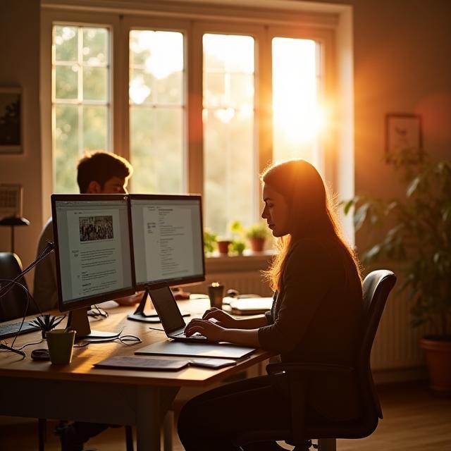 Sun-lit Albion studio with editors reviewing articles on dual monitors